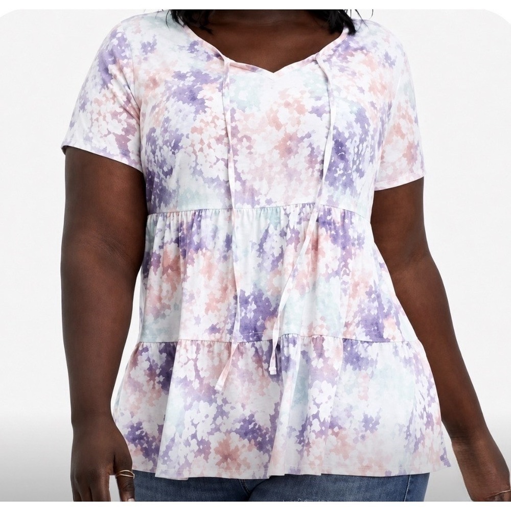 Torrid Pastel Tie Dye Babydoll Peplum V-neck Tie Front Short Sleeve Blouse Top